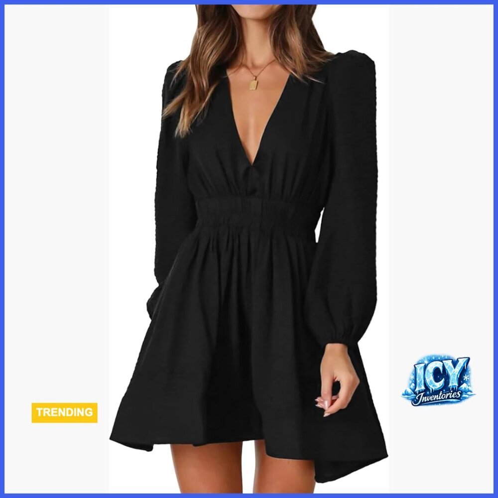 Mini Deep V Long Sleeve A-Line Flowy Dress for Cocktail Wedding Guest
